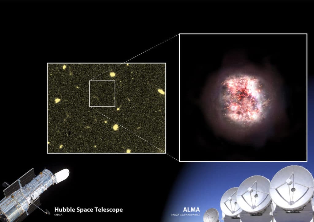Con la ayuda de los radiotelescopios gigantes ALMA (Atacama Large Millimeter Array) en el desierto de Atacama en Chile, las dos galaxias invisibles aparecieron de repente.